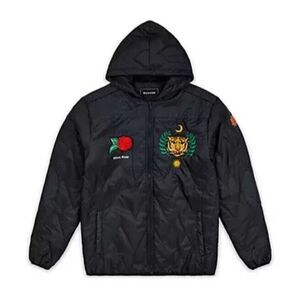 Reason Quilted Jacket Men’s XL Black Hooded Tiger Rose Patches